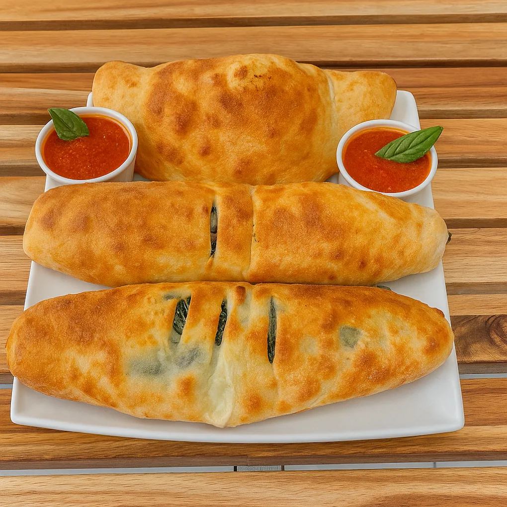 Calzones with marinara sauce at Famosa Pizzeria